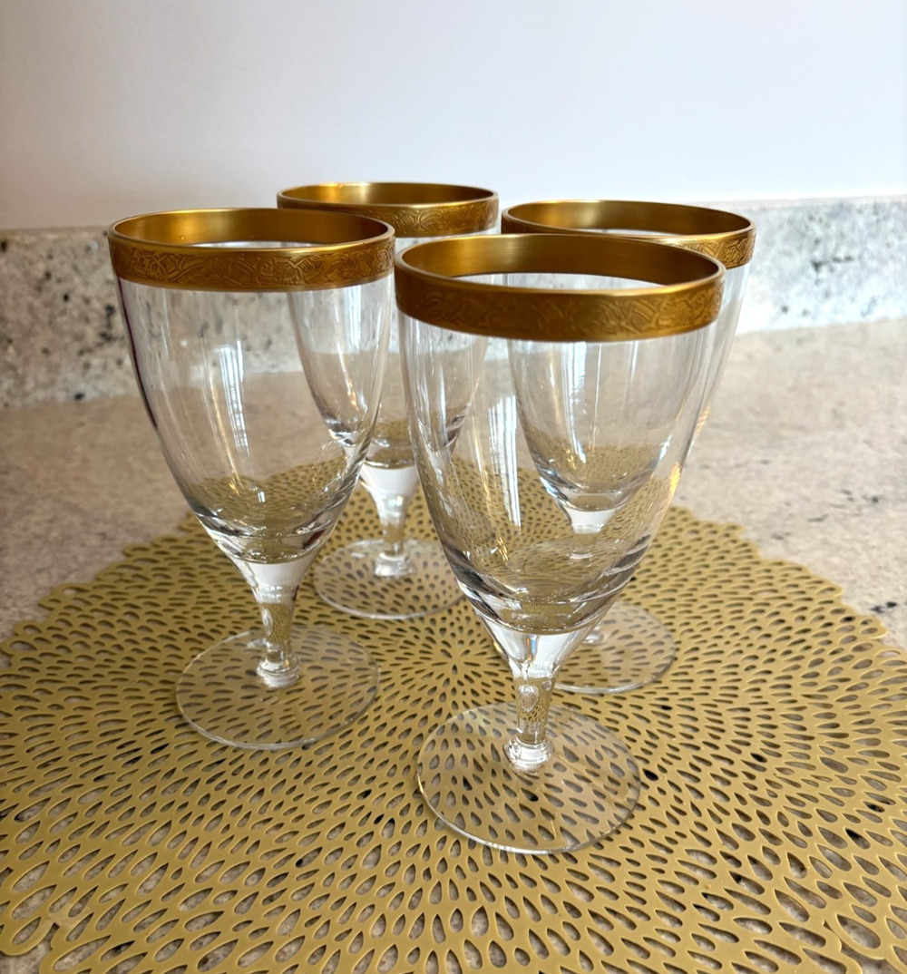 4 Imperial HomeEssentials 7 " Iced Tea/Water Glass Goblets w/ Gold Filigree Band